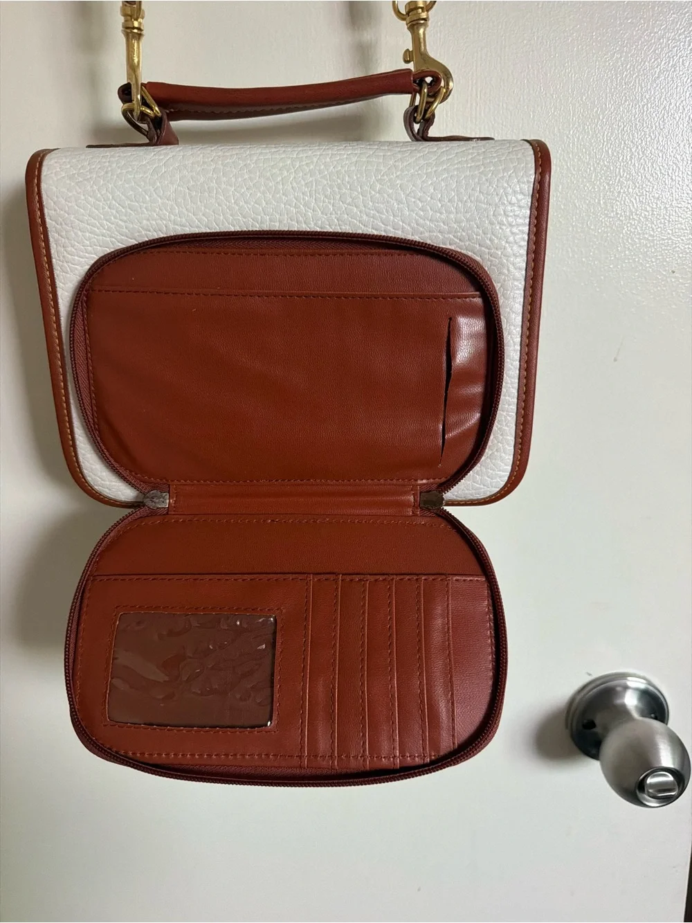Dooney & Bourke White and Brown Pebbled Leather Top-Handle Crossbody
